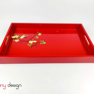 Red rectangular lacquer tray hand-painted with apricot blossom 28*45cm